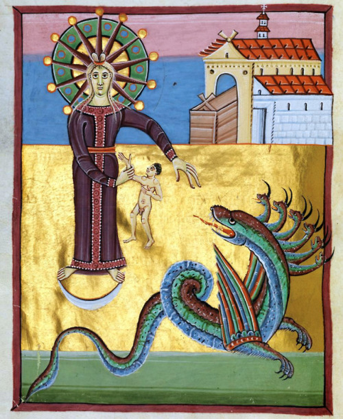 discardingimages:the Dragon and the Woman clothed with the SunBamberg Apocalypse, Reichenau ca. 1010