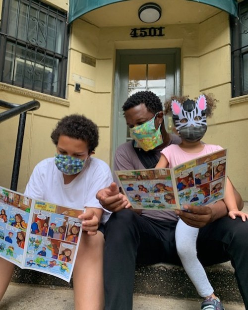 Just a father reading with his kids in masks. Nothing to see here. #FatherAndSon #FatherAndDaughter 