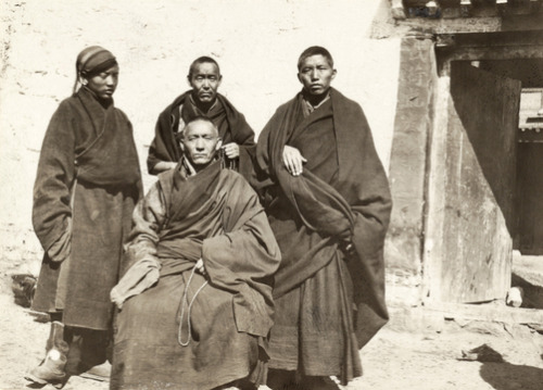 An abbot and three monks from a Buddhist temple devoted to medicine, Tibet, early 20th century.