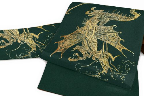 Art Deco print kimono paired with a 1900 picture book cover obi, refined dragon inspired modern outf