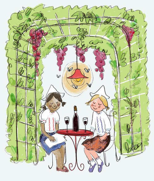 drawing of girls enjoying wine in their vineyardavailable to purchase on RedBubble