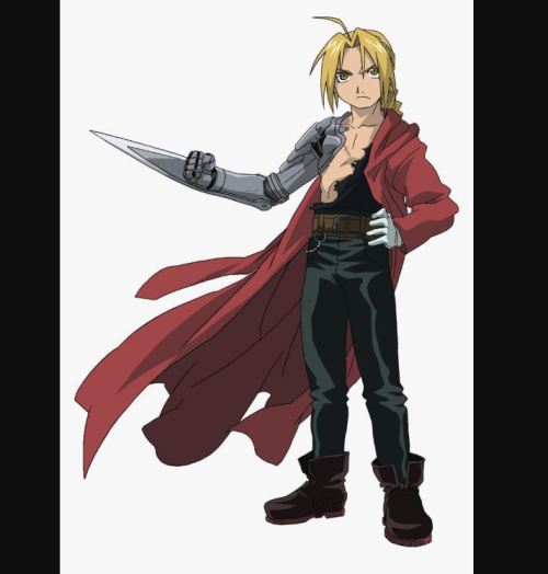 A young blonde man, Edward Elric, is standing in a white void, looking angrily at the viewer. He has one hand on his hip and is wearing a red coat and black leather pants. His right arm is made of metal and has a large blade attached to the wrist.