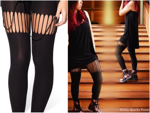 DIY No Sew Blackmilk Suspender Inspired Leggings Tutorial from Pretty Quirky Pants here. Left Photo: