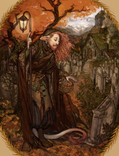 sevenredrobes: ruushes: autumn in the blooming grove [ID: Realistic fanart of Caduceus in profile in