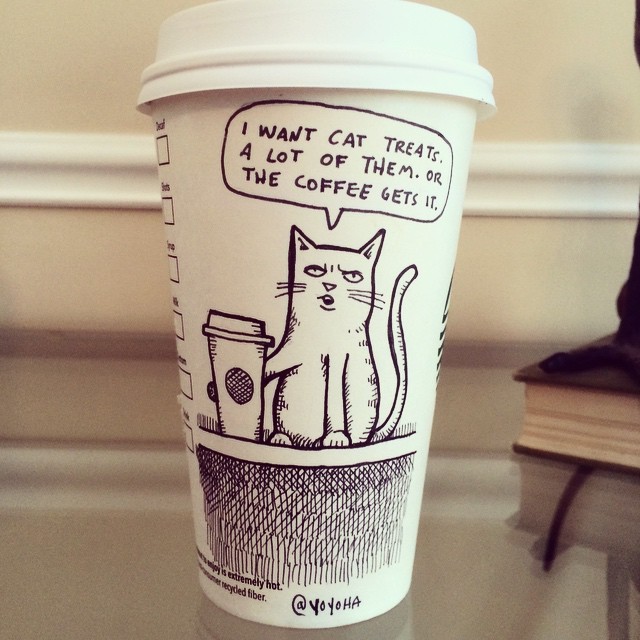 nakedfemalesonly:  unamusedsloth:Cartoonist Josh Hara draws on his coffee cup every
