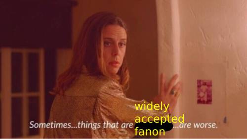 a picture of freckle from "the gay and wondrous life of caleb gallo". she is turned towards the door over her shoulder and below her reads "sometimes... things that are fanon are worse" rather than her actual line "sometimes... things that are more expensive are worse"