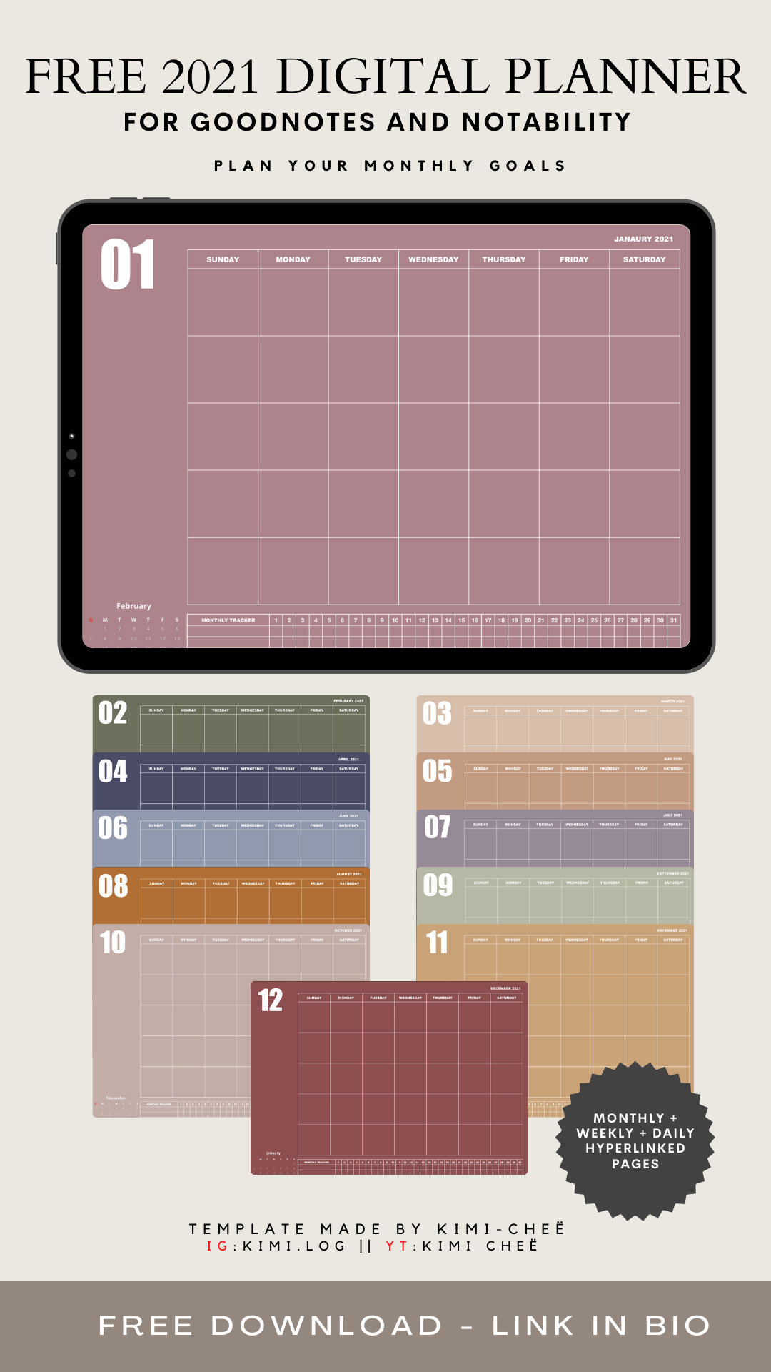 0844 ColourMe iPad 2021 Digital Daily GoodNotes Planner: Sunday start Notability XODO Android Windows hyperlinks stickers