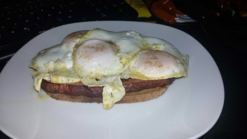 German “Leberkaese” with fried eggs on a bread. A little snack my GF made … was super delicious!