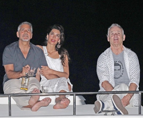 Bill Murray wearing a &lsquo;George Clooney Is A Beautiful Man&rsquo; shirt while watching f