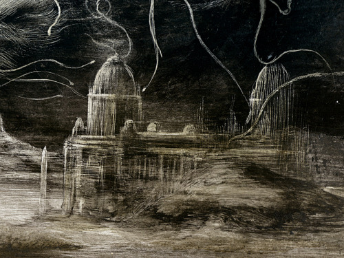 santiagocaruso:  “The Throne of Caos” by Santiago Caruso / Ink & scratch on plastered paper / 2014 Cover of the book “Extraños Eones” by Emilio Bueso, Valdemar 2014 www.santiagocaruso.com.ar