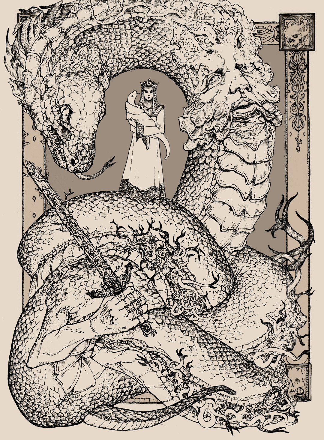 Fanart featuring an intricately drawn dragon curling around the frame with a human figure standing in the middle.