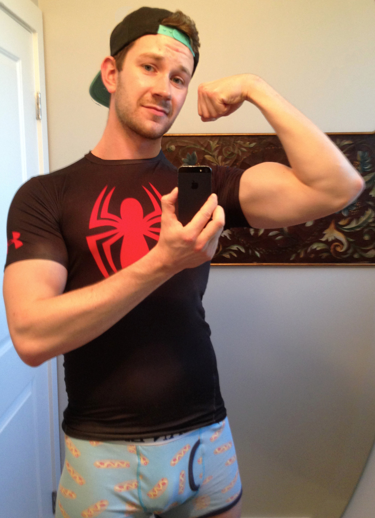 cdnmooselr:  Two selfies in one day because SPIDERMAN IN HOT DOG BOXERS.