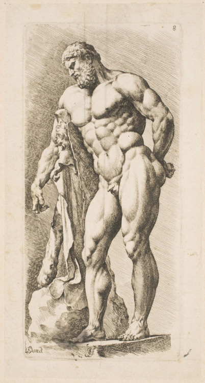 Two drawings of the Farnese Hercules, from the book Paradigmata Graphices, by Jan de Bisschop, after