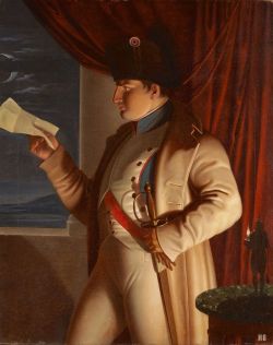 Napoleon reading a letter by candle and moonlight.
