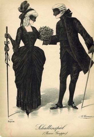 18thcenturyfop:  Antique Fashion Plate Print Masquerade Costume Party Ball Masked Couple            