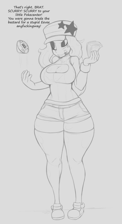 xopachi:  This was my trainer in Pokemon X before I gave that trash to my friend, but I did like the clothes I gave her.  I tried coloring this and didn’t like it. She has tan skin with white pants/hat, and black everything else. I imagine she laughs