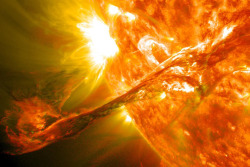 inothernews:   SOLAR SPIT  An image captured by NASA’s Solar Dynamics Observatory shows a blast of plasma streaming from the Sun in August 2012. Scientists say a solar eruption was detected on Tuesday and was headed toward Mars. When reached for comment,