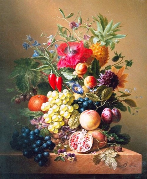 nataliakoptseva:  Stilleven met bloemen, fruit en groente Arnoldus Bloemers 