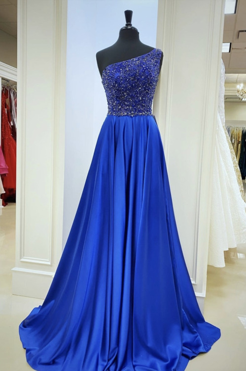 Blue satin long prom dress one shoulder evening dressShop here: dressideas.com