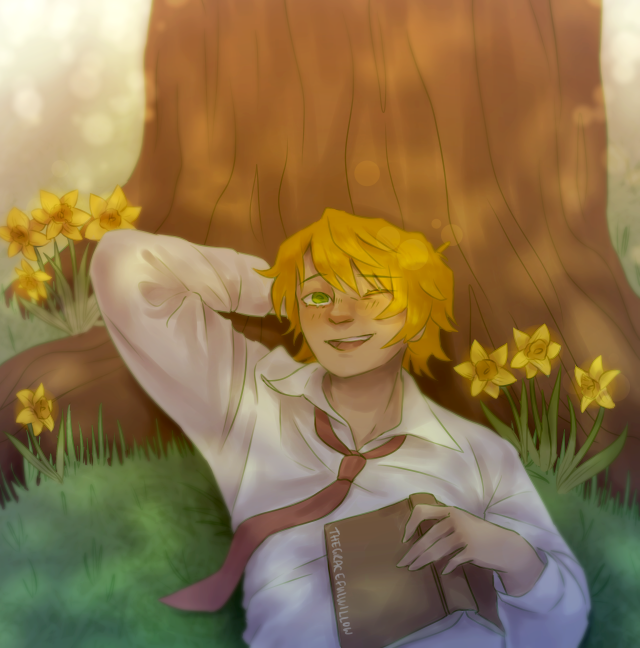 Digital fanart of Oz from Pandora Hearts. Oz is a teenage boy with pale skin, green eyes and shaggy blond hair. Here, he wears a white shirt and a red tie. He is half lying on his back, leaning against a tree. He is supporting his head with his right hand; his left is resting on an open book on his stomach. His tie is worn loose. He's looking up, closing his left eye against the sun. Around the tree, several daffodils are growing in the gras. Everything is spattered with sunlight through the overhead leaves of the tree. The whole picture is mostly warm tones and soft lighting.