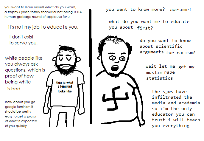 definitelynotplanetfall:definitelynotplanetfall:guerrillatech:where’s the comic with that guy with a badly drawn swastika  on his shirt offering to share racist crime stats contrasted with the guy saying “just google feminism it’s completely