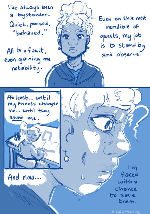 sicklydoodles: young Lucretia on being a bystander [ID: a blue-toned, monochromatic comic featuring 