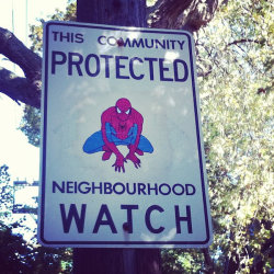 escapekit: Neighbourhood watch  Artist Andrew Lamb has given the neighborhood watch signs a revamp by fixing photos of superheroes to the existing signs. Recognizing that he is vandalizing public property, he said he does not feel it’s “ethically