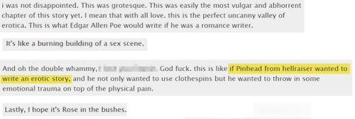 I had to edit for length, but… this is probably going down in history as one of my fave fanfic comments of all time. It’s not often I get compared to Poe and Pinhead in the same breath XD