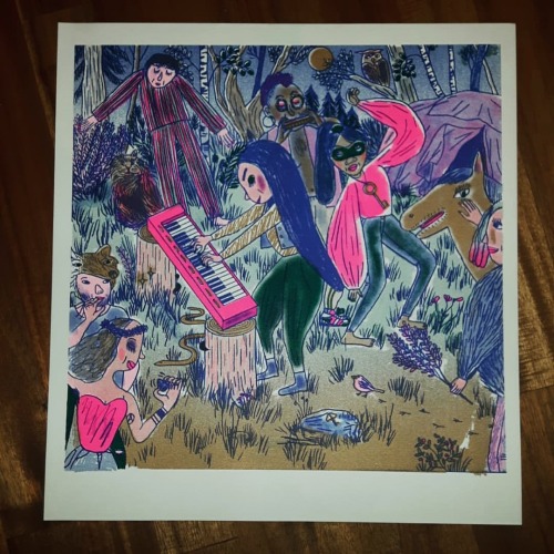 4-coloured risoprint of an older drawing of a fantastic-shamanistic wood rave, soon available in my 
