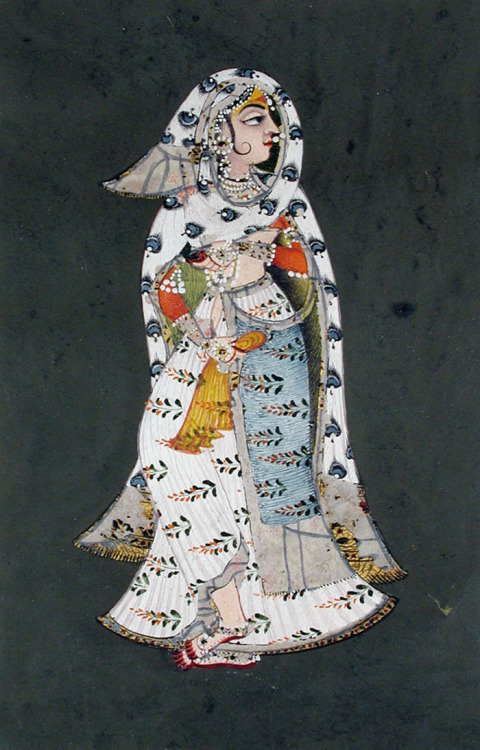 A standing woman in floral patterned white sari, a peacock-plume patterned cloak.18 c. Indian painti