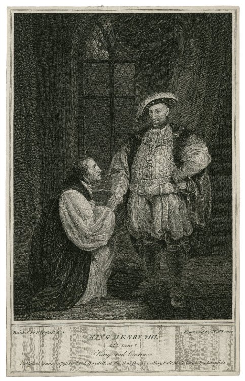 King Henry VIII. Act 5, Scene 1. King and Cranmer. Engraving by William Leney, from a painting by  R