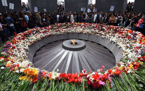 rixwilson:People lay flowers at the Tsitsernakaberd Armenian Genocide Memorial in Yerevan. Armenians