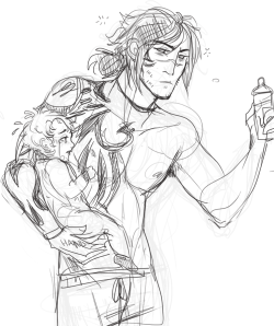 prince-ichi:  cranky, tired baby beni and young dadjaku gettin him a bottle at 4am  i also wanted to draw to show he has all the same tattoos in au, like he got them when he was young and stupid, so he’s kinda insecure about them as he gets older,