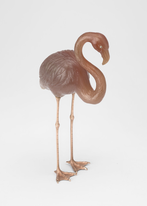  Flamingo, carved in pink agate with rose diamond eyes and chased dull red gold legs, by Henrik Wigs