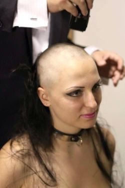 whoredogcumbucketeen:  colllared:  bald discipline slave2  New slaves are stripped of everything that gives them their identity.  For the next 6 months of training.  She will remain 100% hairless.  This also includes her eyebrows.  Anything that give