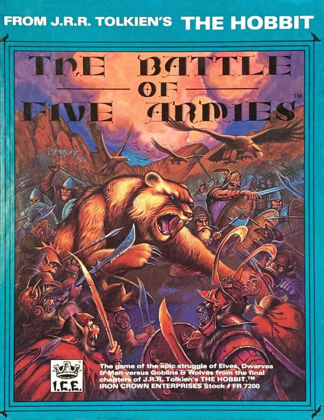 The Battle of Five Armies, Iron Crown Enterprises’ board game of “the epic struggle of Elves, Dwarves & Men versus Goblins & Wolves” -- I always forget those are the armies that count as ‘the five’ because I try to count the eagles, and there also were bats and a werebear present (Stephan Peregrine cover, ICE, 1984) #The Battle of Five Armies #Stephan Peregrine#Steve Peregrine#The Hobbit#JRR Tolkien#fantasy#wargame#board game#boardgame #Iron Crown Enterprises #ICE#Beorn#wereboar#goblins#orcs#giant eagles#dwarves#elves#1980s