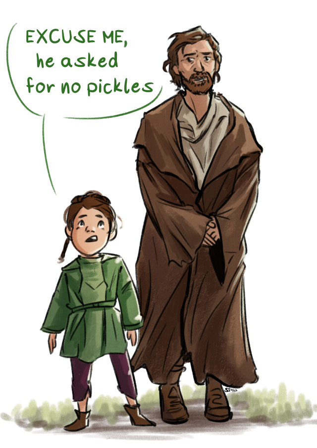digital coloured sketch in a rough brush. On the left, a tiny Leia Organa, in her green cape outfit from the Obi-Wan show, standing firmly with her mouth open. Next to her, a much taller Obi-Wan has his arms clasped around his robe, which he is drawing close to his body. He looks a bit shy and disoriented. Above Leia, a speech bubble says in green letters: "EXCUSE ME, he asked for no pickles"