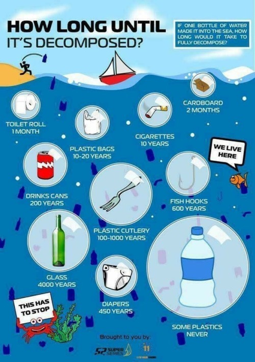 I’m dubious about these info-graphics when they include drink cans.  I lost a six-pack of brew to the ocean in about a week when sea water leaked into its hold.  The ocean will drink a beer in only a few days; I cannot imagine that can lasting much