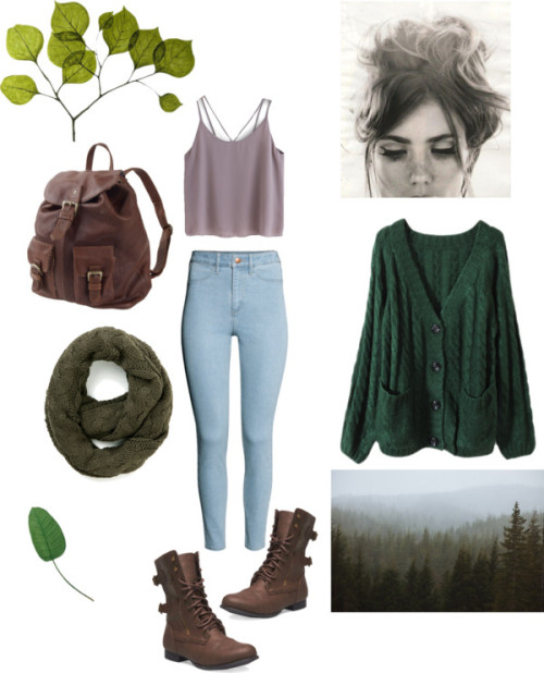 Hiking by w0lfology featuring silk flowersGreen top / Chiffon top / H&amp;M high-waisted jeans, $6.1