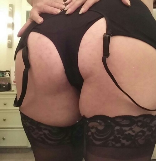 shyhousewife:  Sexy black cupless body suit and stockings  Beautiful