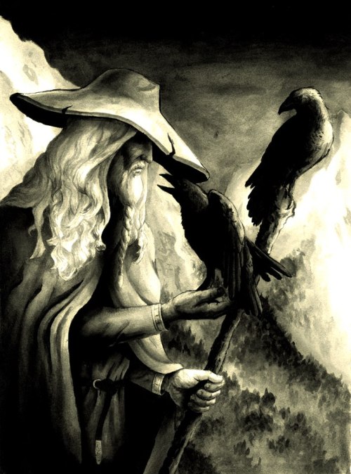 bastardofbodom:  “Two ravens sit on Odin’s shoulders, and into his ears they tell all the news they see or hear. Their names are Hugin and Munin. At sunrise he sends them off to fly throughout the whole world. And so people call him the raven god.”—The