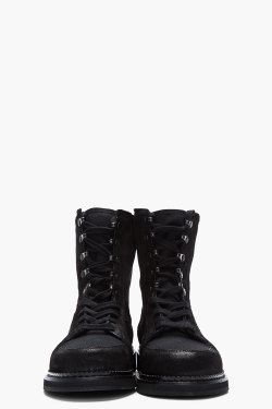 Wantering:  Silent By Damir Doma Black Cotton Pique And Textured Leather Combat Boots