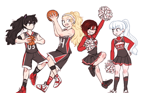   monochrome highschool basketball au hhhhhhhhhhhhhhaaaaaaa blake n yang are wearing the “away” colored jerseys (the home colors will be revealed later from bon) and weiss n ruby are cheerleaders (team mini combat skirts)