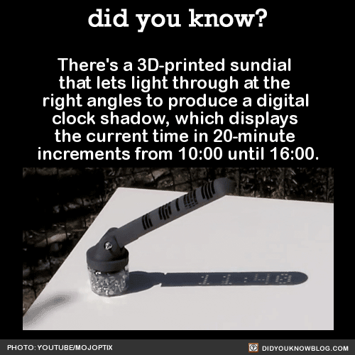 did-you-know:  There’s a 3D-printed sundial that lets light through at the right angles to produce a digital clock shadow, which displays the current time in 20-minute increments from 10:00 until 16:00. Also, the necessary files can be downloaded from