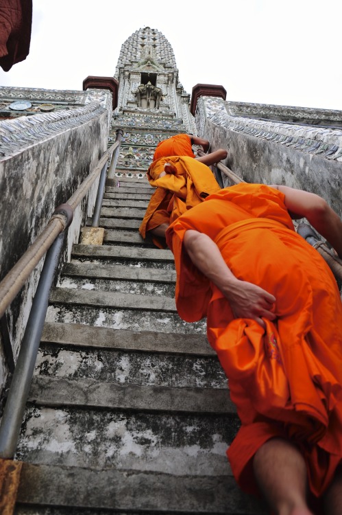 grayshell:  Monks climbing the steps of Wat Arun, Bangkok, Thailand. The steps are so steep that they had to hold their robes in place to keep me from seeing under them.  Photo: Brenda Eberle 