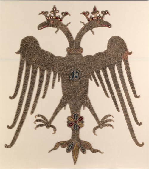 kirgiakos:Byzantine Double-Headed Eagle silk embroidery altar cloth.Constantinople (found durin