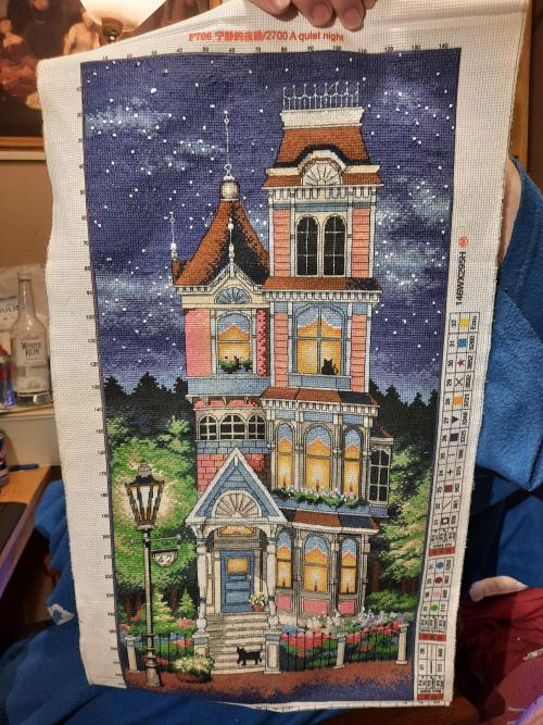 crossstitchworld:  5 months of quiet evenings of cross stitch has resulted in a quiet night. pattern by Joy Sunday. by  nxzkw