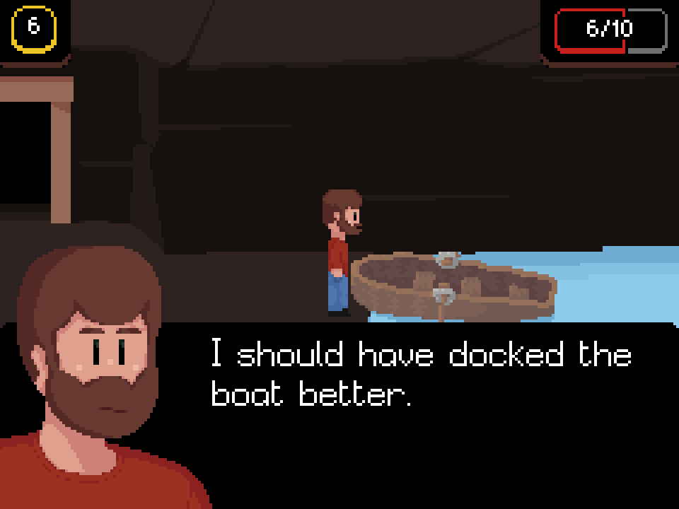 A screenshot of Traversal with High Contrast enabled. In the top left corner, there's a circle outlined in yellow. The circle is filled with black with white text in it which reads 6. In the top right corner, there's a black healthbar outlined in red and grey with text inside being white. There is a dialogue box on screen with white text on a black background.