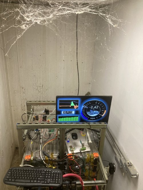 Homebrew powerwall built from a wrecked Tesla Model S.Recharged each day via a 17K watt solar array.