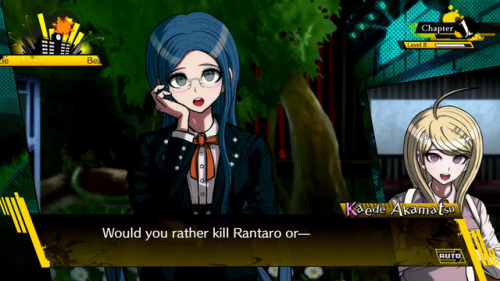 fakedrv3screenshots:Kaede: Would you rather kill Rantaro or—Tsumugi: Yes! Kill him!Kaede: I didn’t s